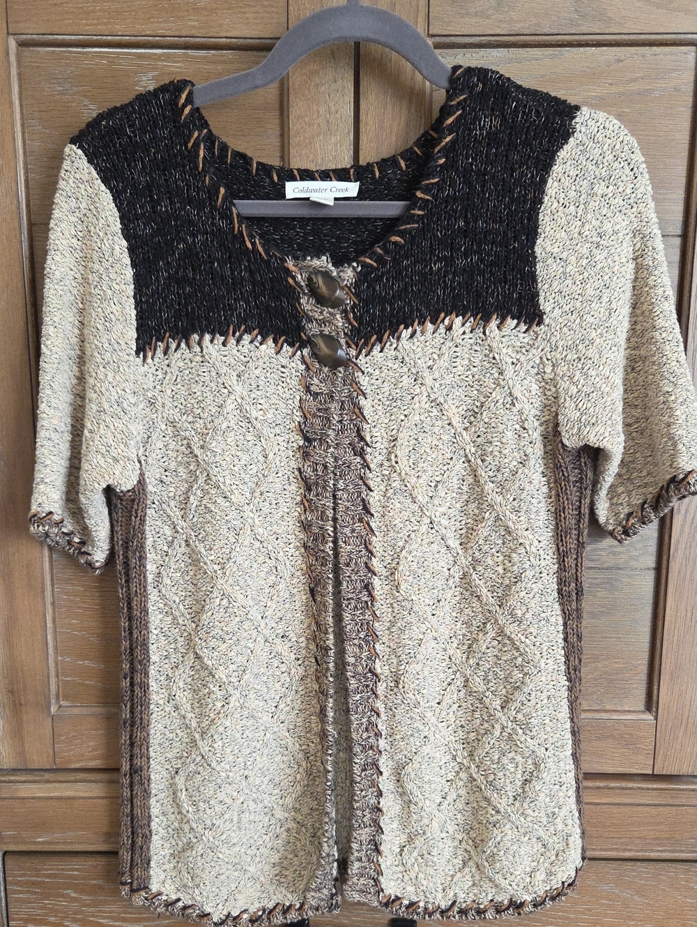 Coldwater Creek Cream and Brown Diamond-Texture Short-Sleeve Cardigan